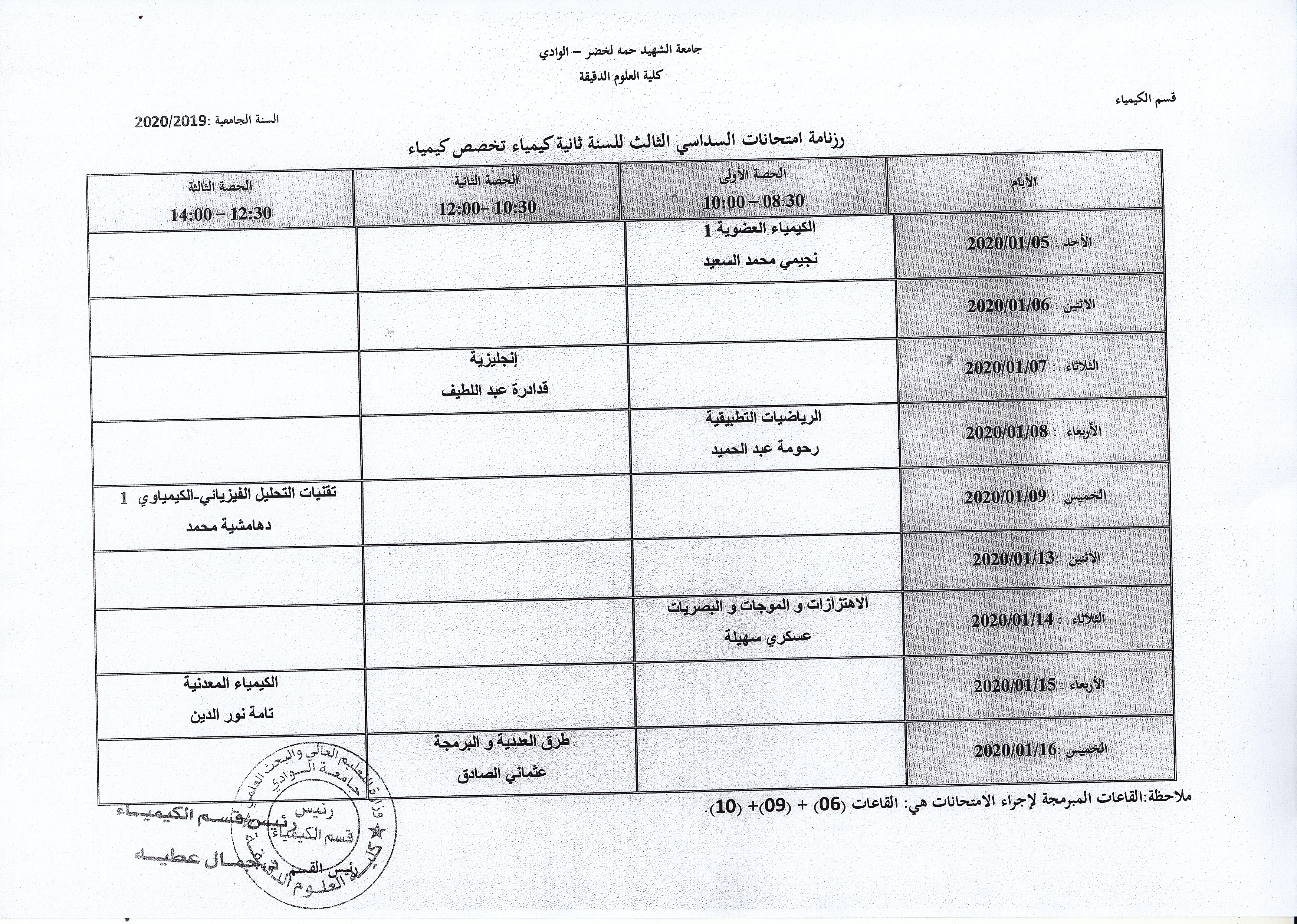 جدول إمتحان سنة 2 كيمياء السداسي الأول