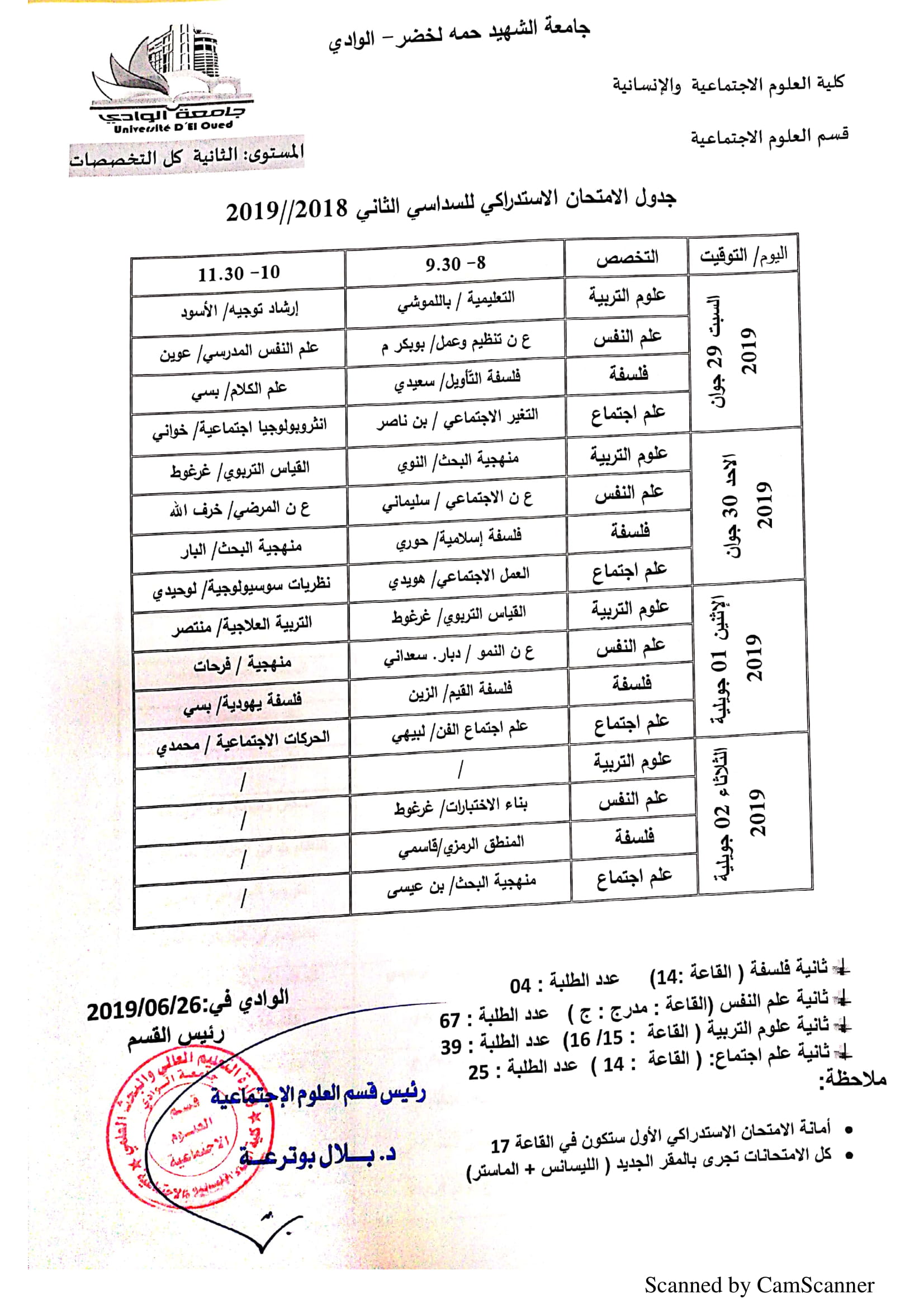 جدول الامتحان الاستدراكي الثاني 2018 2019 2