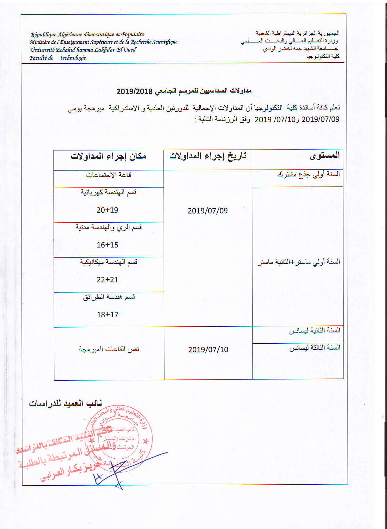 مداولات السداسيين للموسم الجامعي 20182019