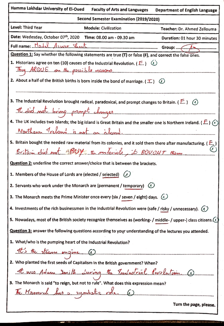 the model answers of the exam of the Study of Civilization1 (L3) (copie)