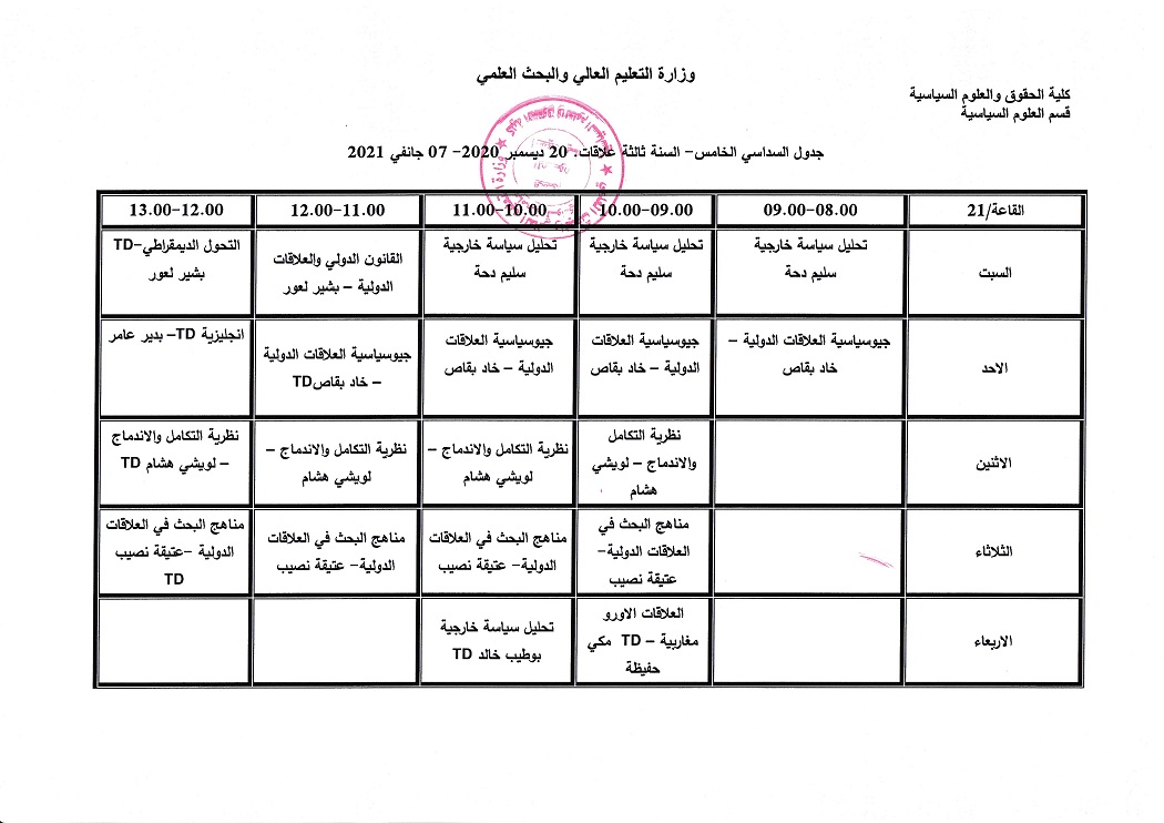 التوزيع الزمني السنة الثالثة من 20 ديسمبر الى 07 جانفي 2021علاقات