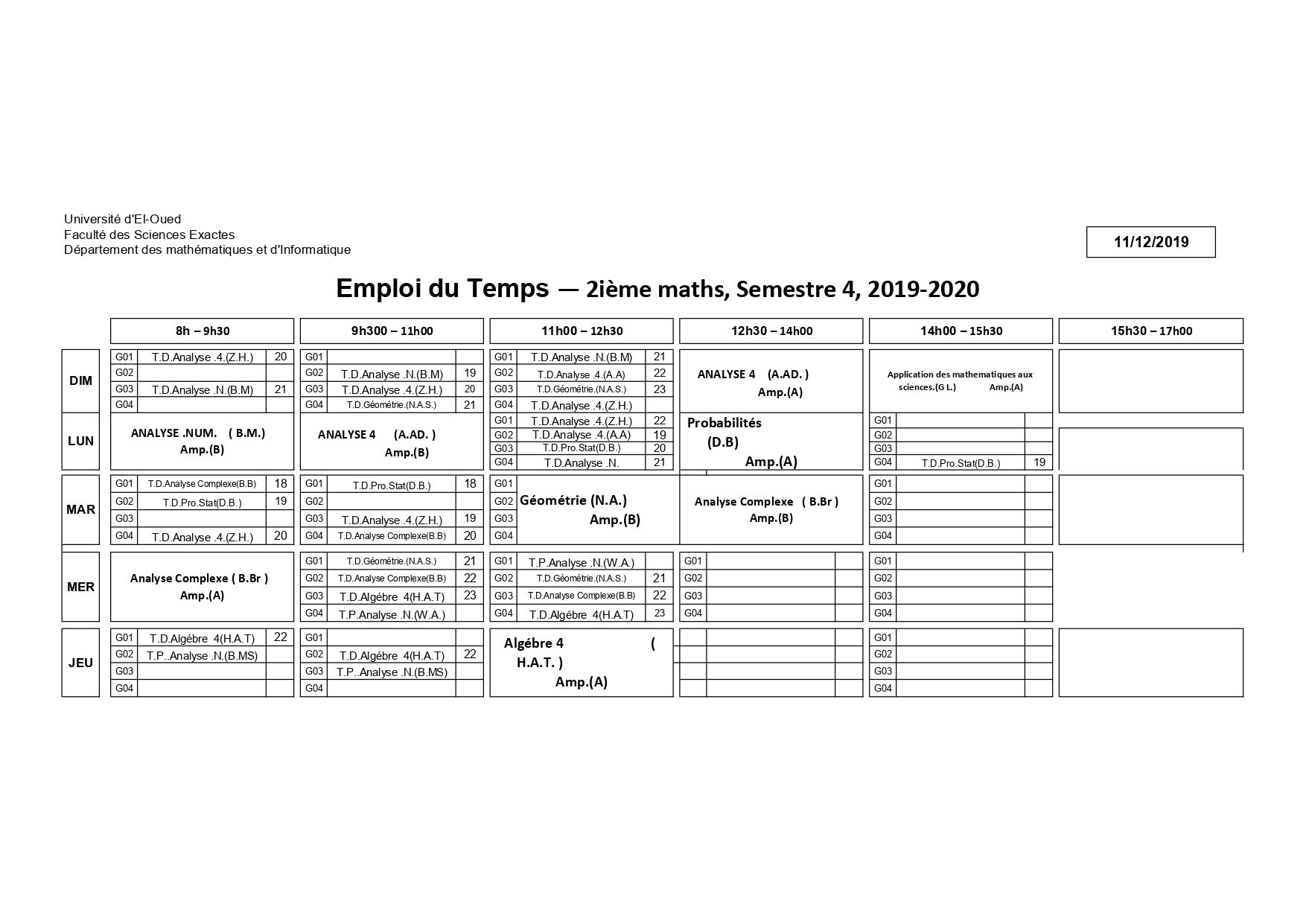 Emploi du Temps ― 2ième maths, Semestre 4, 2019 2020 page 0001