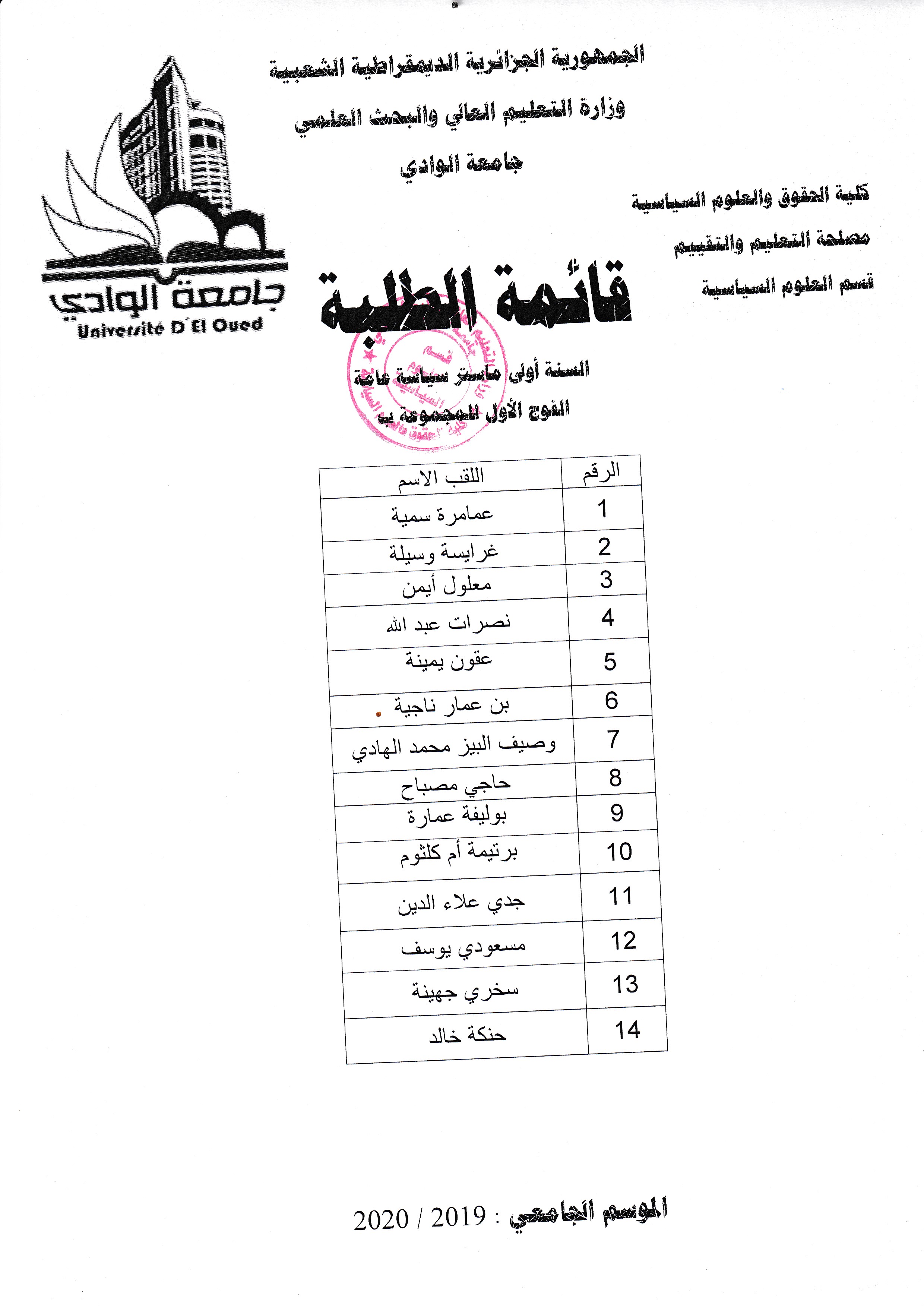 السنة أولى ماستر علوم سياسية  (سياسات عامه)  فوج 1  مج ب