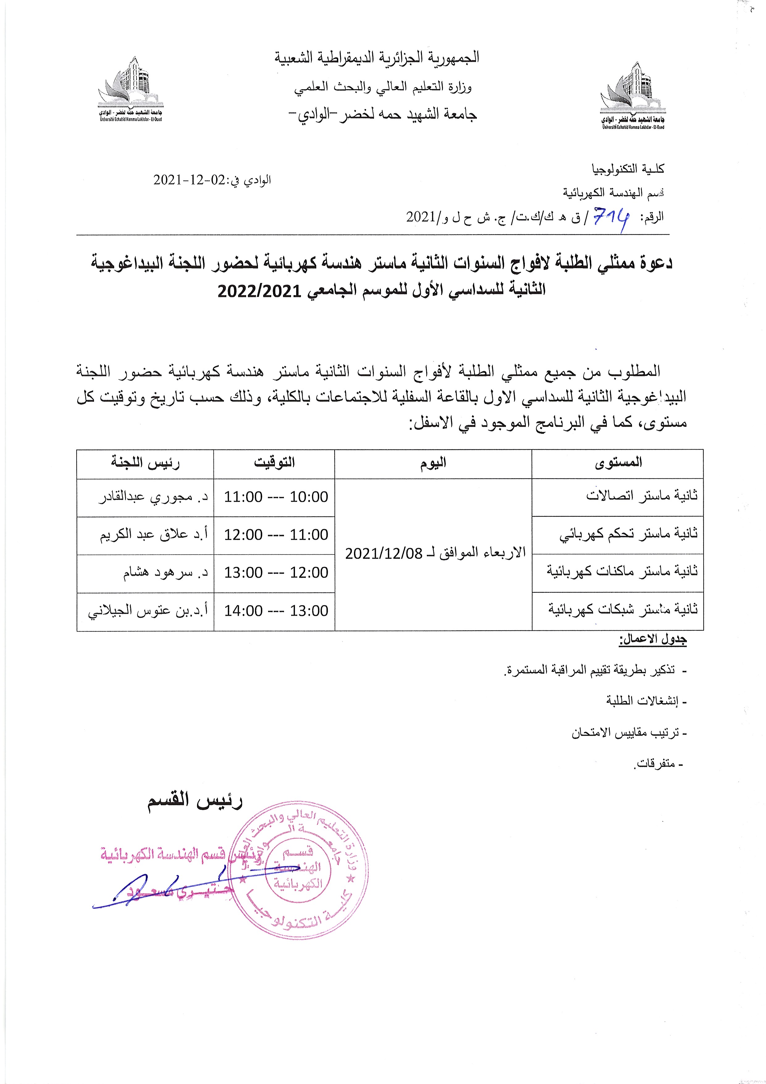 دعوة ممثلي الأفواج لحضور اللجنة البيداغوجية الثانية للسنوات الثانية ماستر هندسة كهربائية