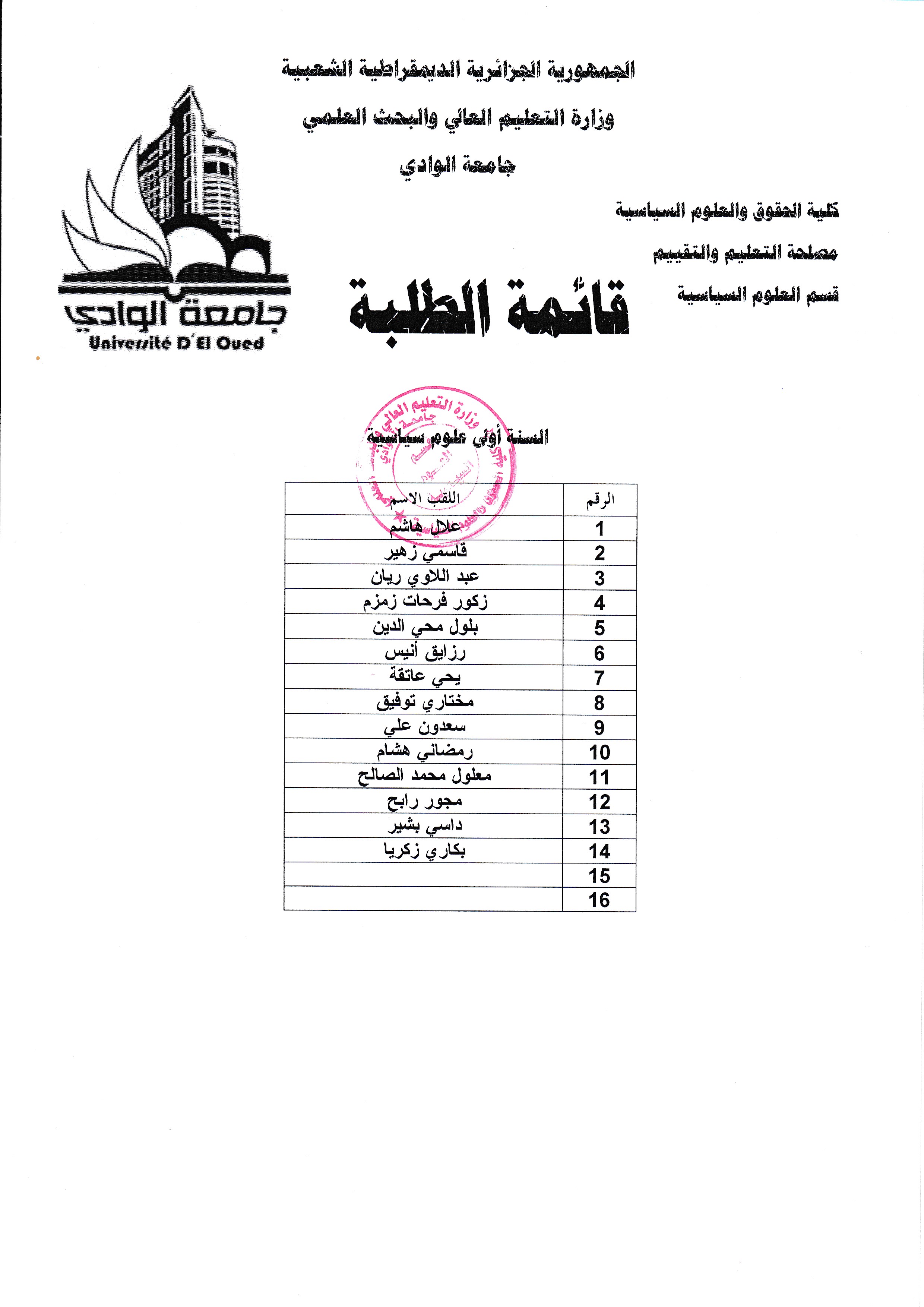 قائمة طلبة السنة الاولى علوم سياسية  الموسم  2021 2022 