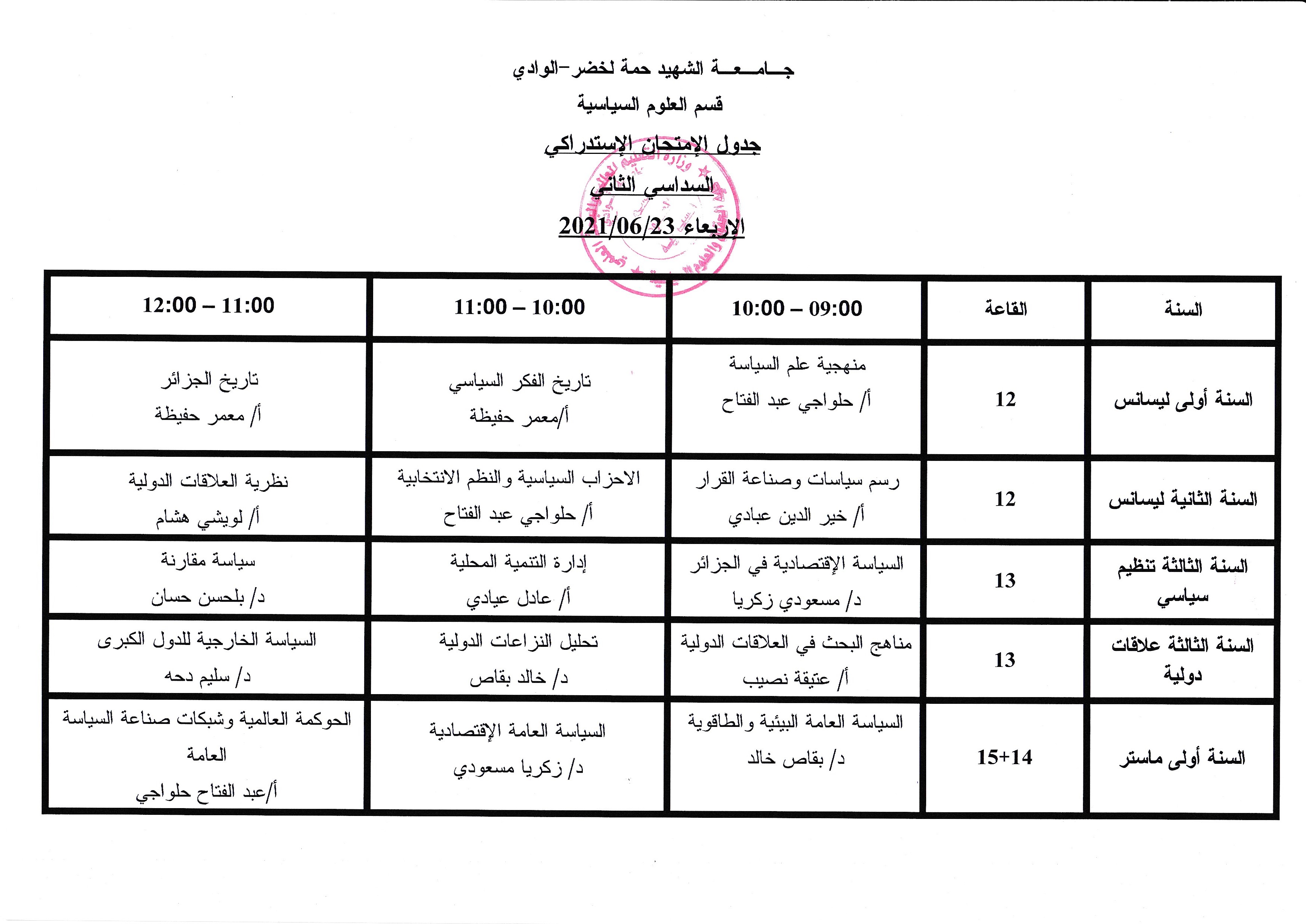 الاستدراك السداسي الثاني الاربعاء 23 06 2021