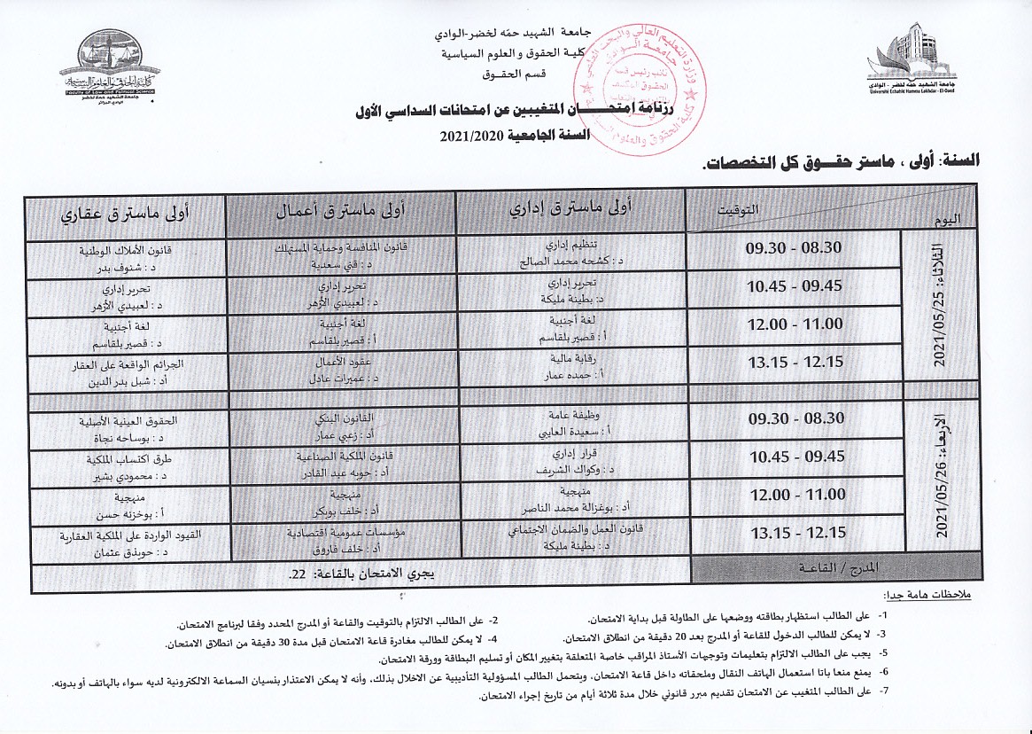 جدول امتحان المتغيبين عن امتحانات السداسي الأول 2021   سنة أولى ماستر كل التخصصات 