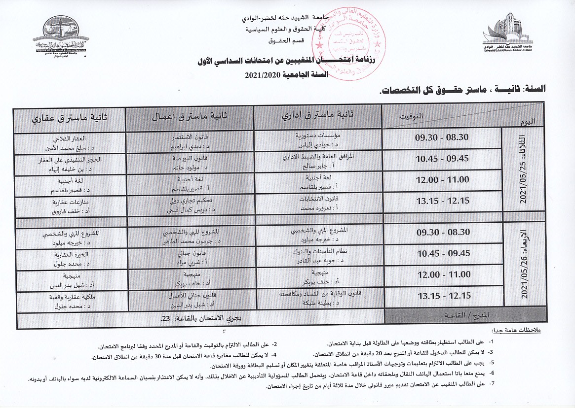 جدول امتحان المتغيبين عن امتحانات السداسي الأول 2021   سنة ثانية ماستر كل التخصصات