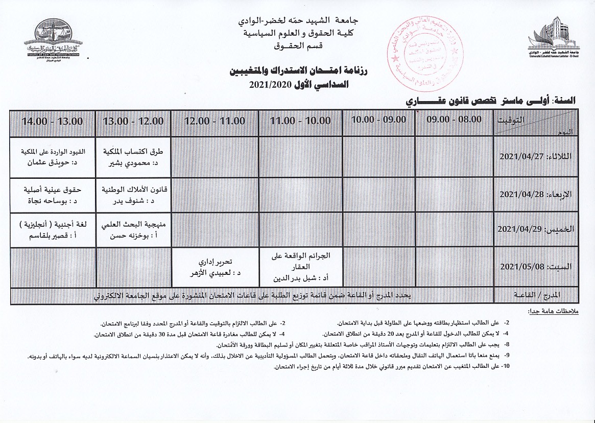 جدول الامتحان الاستدراكي والمتغيبين   سنة أولى ماستر قانون عقاري