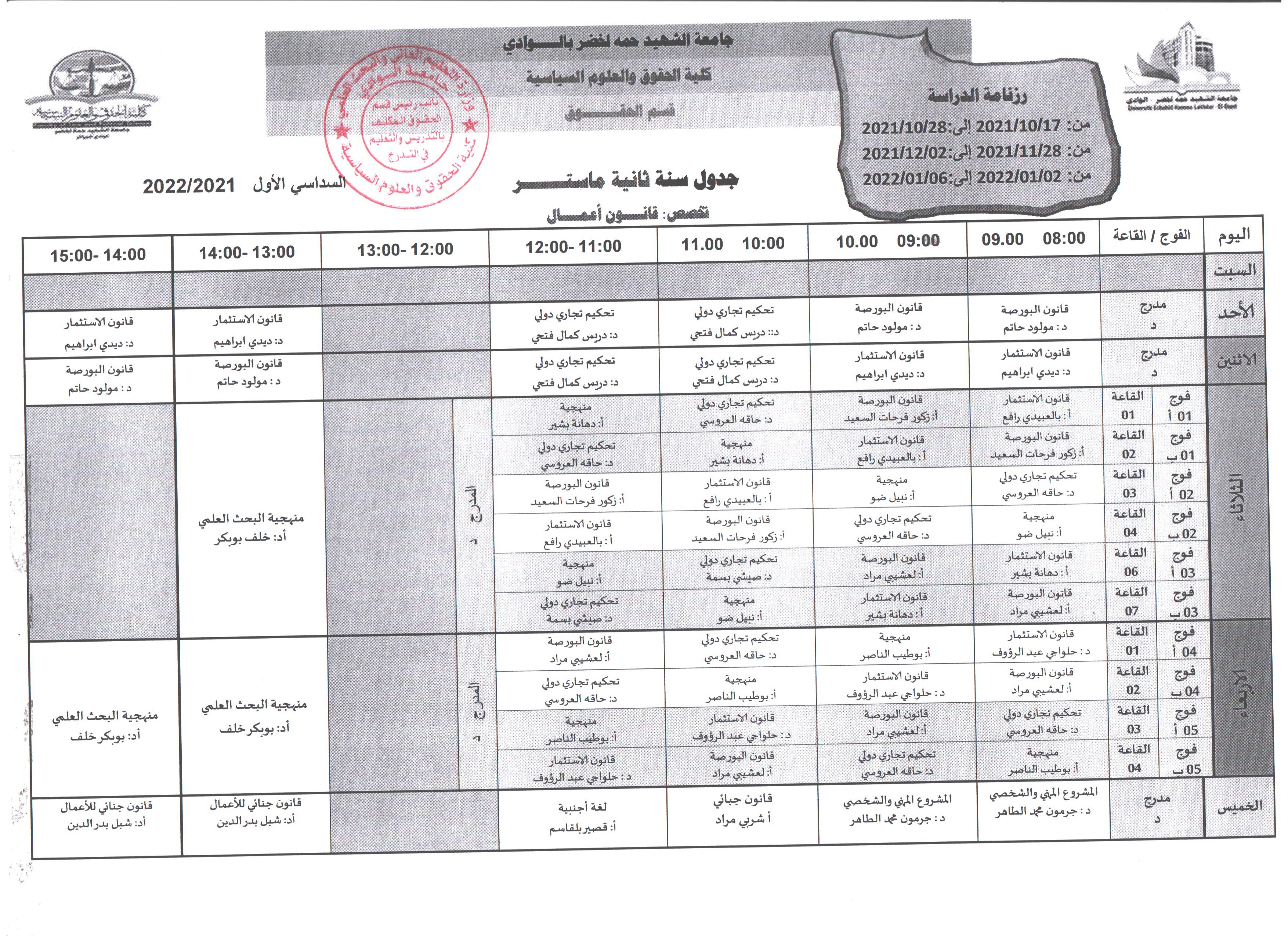 جدول سنة ثانية ماستر قانون أعمال 001