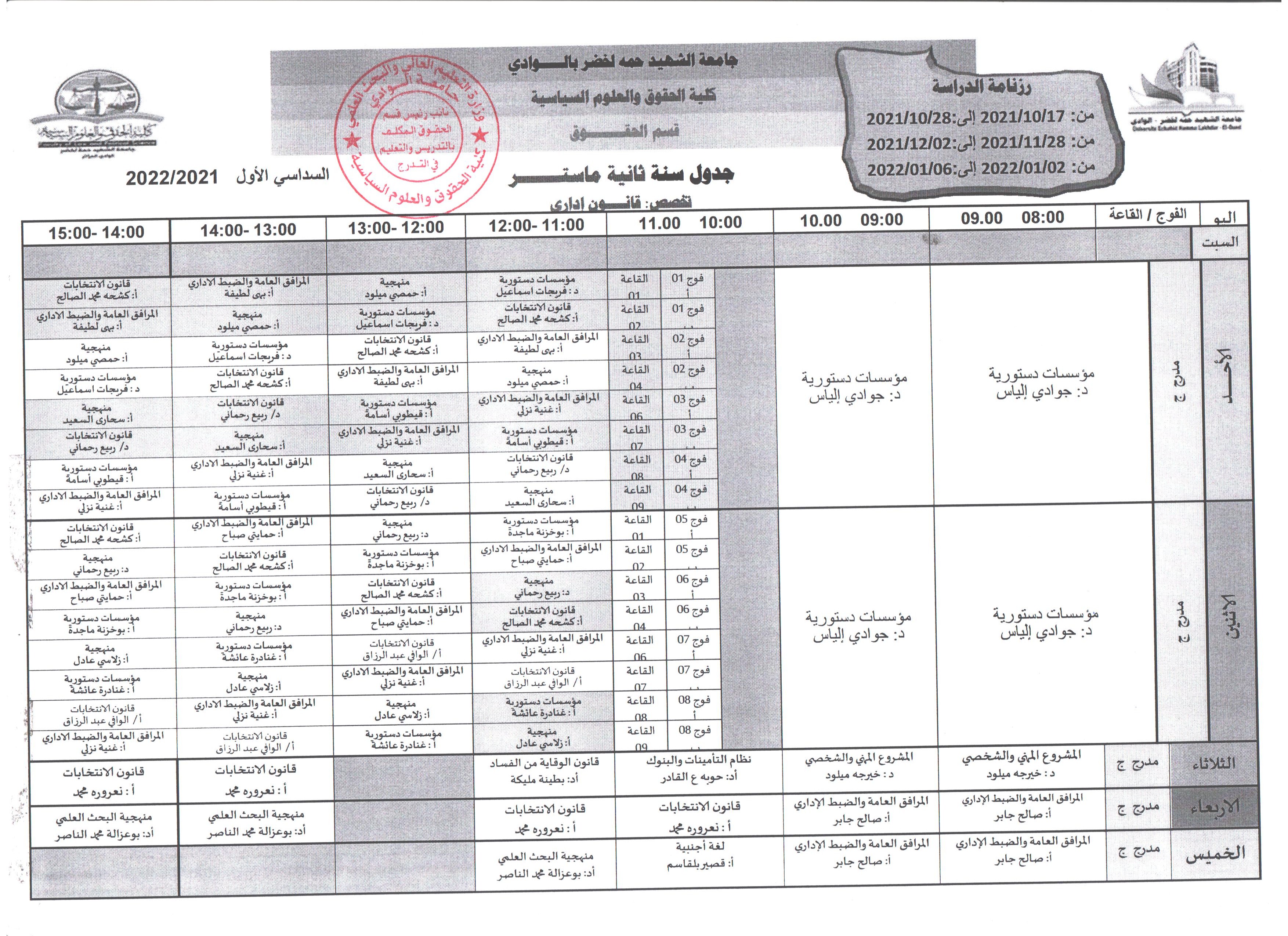 جدول سنة ثانية ماستر قانون إداري 001