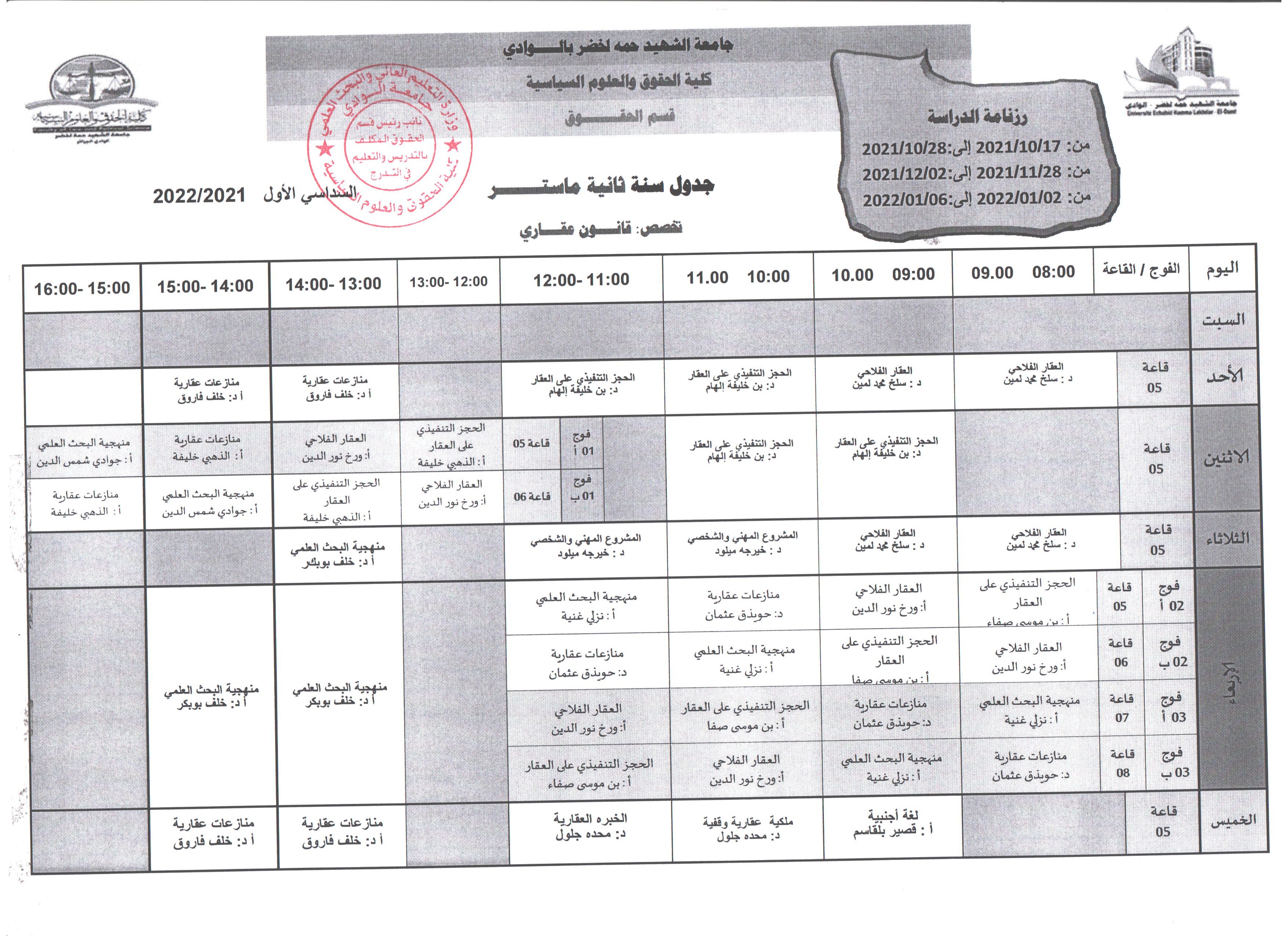 جدول سنة ثانية ماستر قانون عقاري 001 