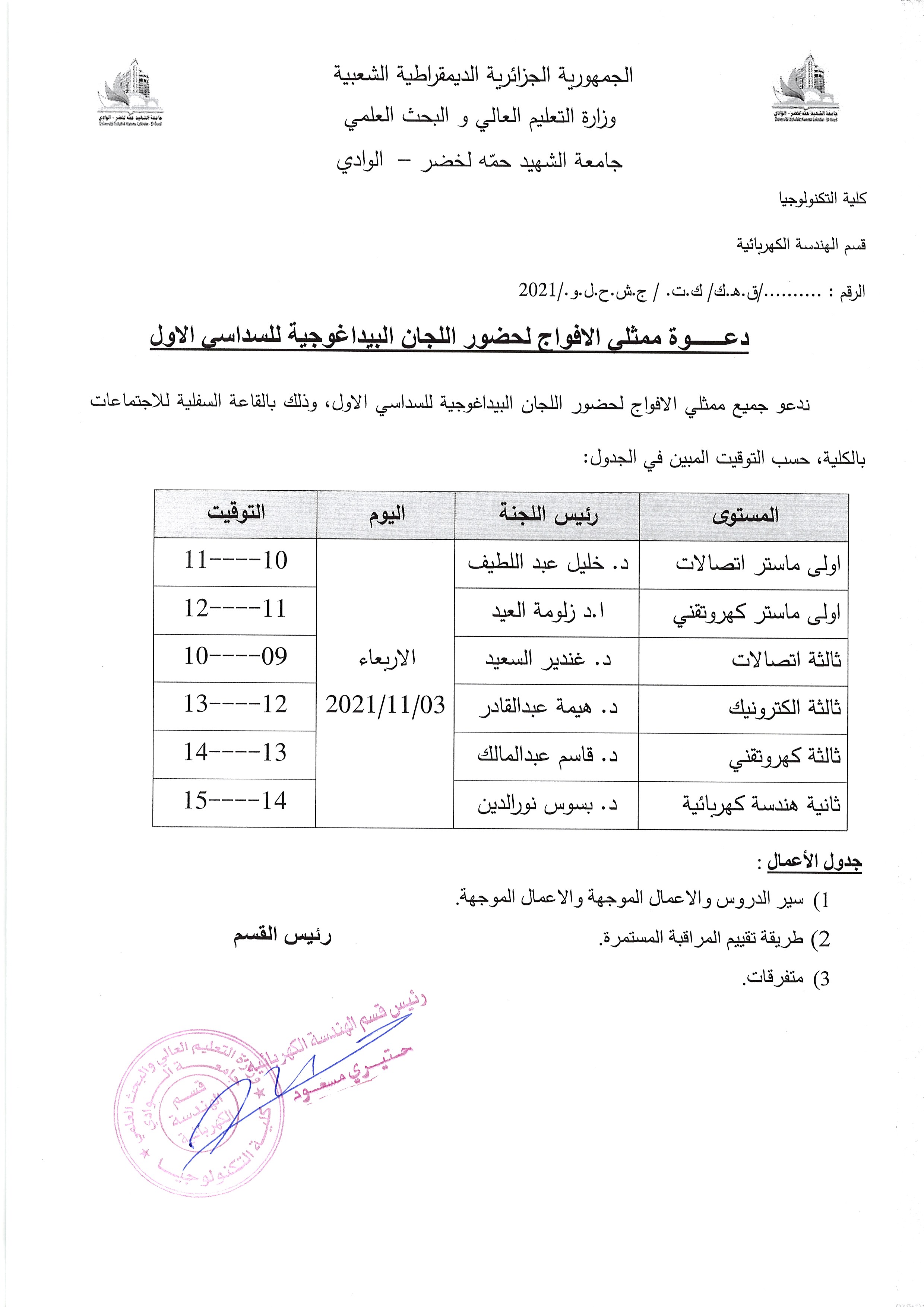 دعوة ممثلي الافواج لحضور اللجان البيداغوجية