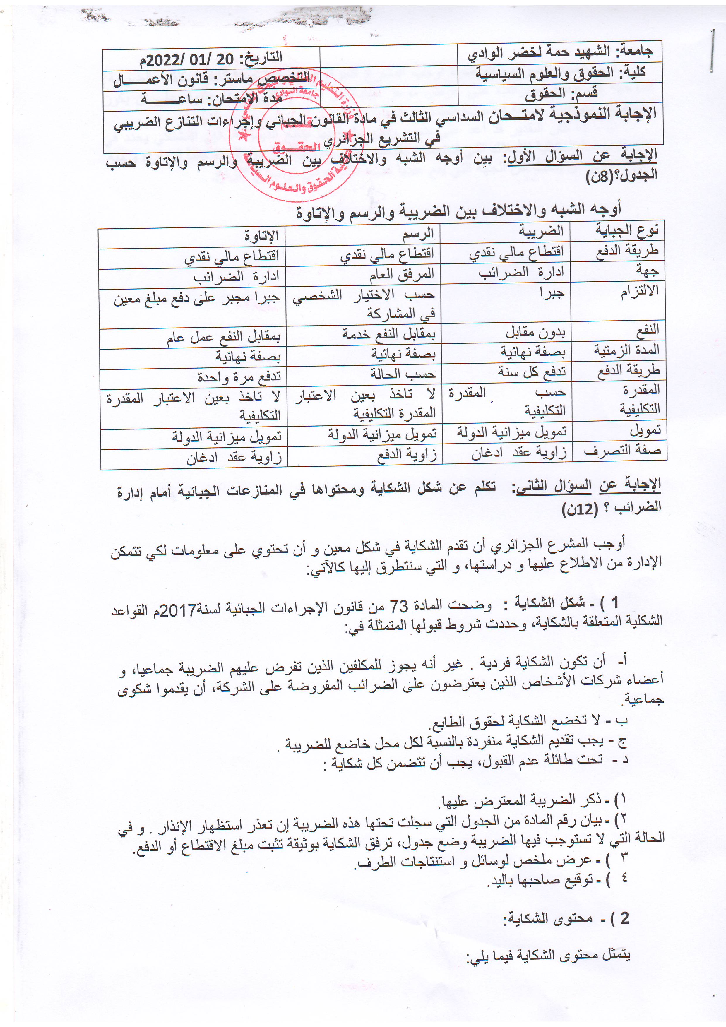 1  الإجابة النموذجية لإمتحان مقياس  قانون جبائي   سنة ثانية ماستر   قانون أعمال   أ. شربي مراد