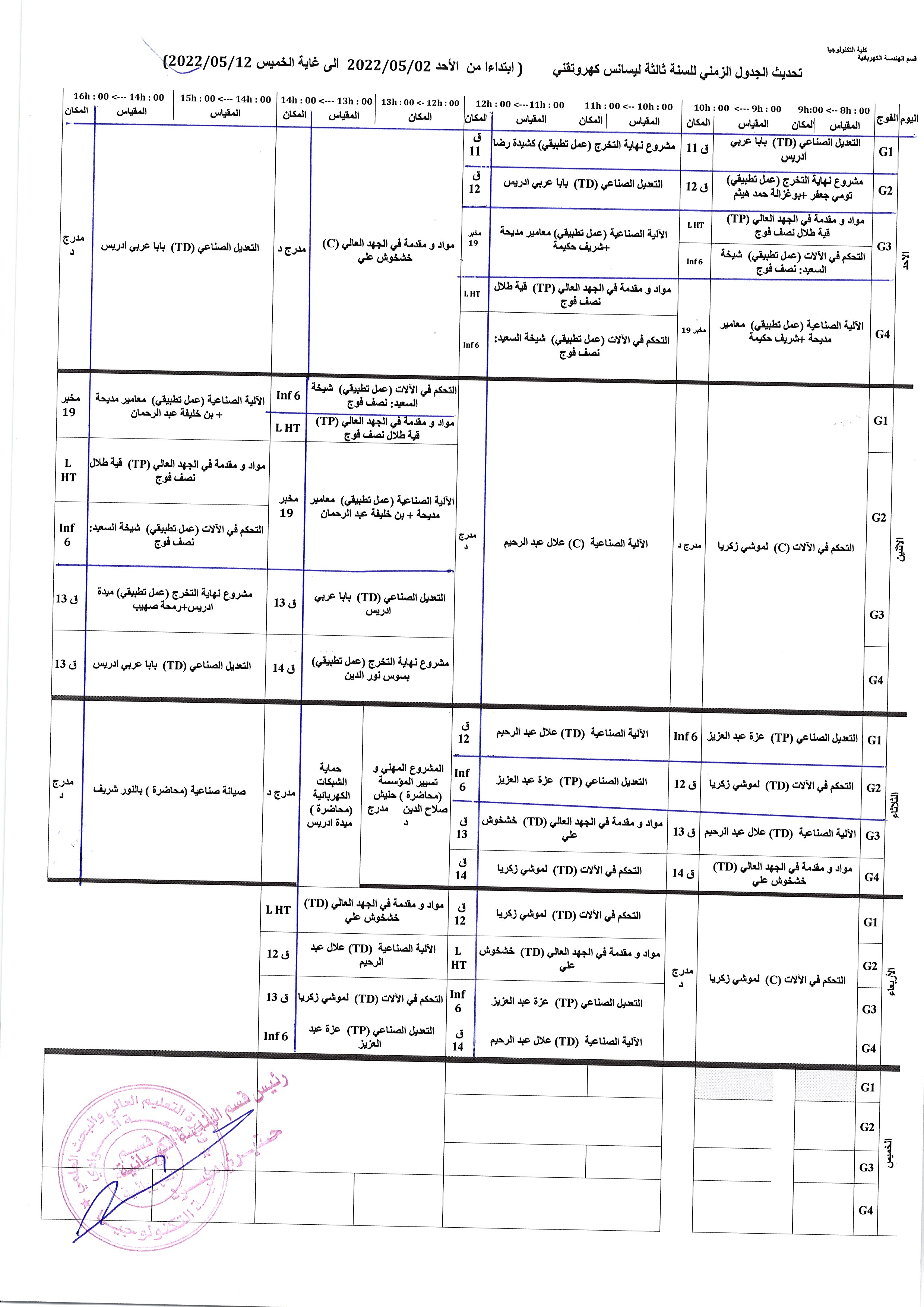 الجدول الزمني للسنة ثالثة ليسانس كهروتقني