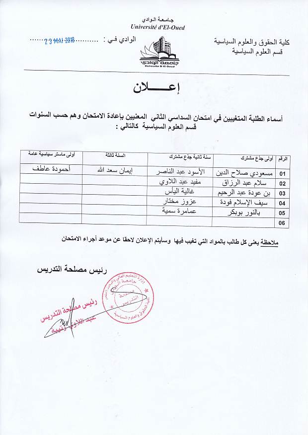 الطلبة المتغيبين علوم سياسية