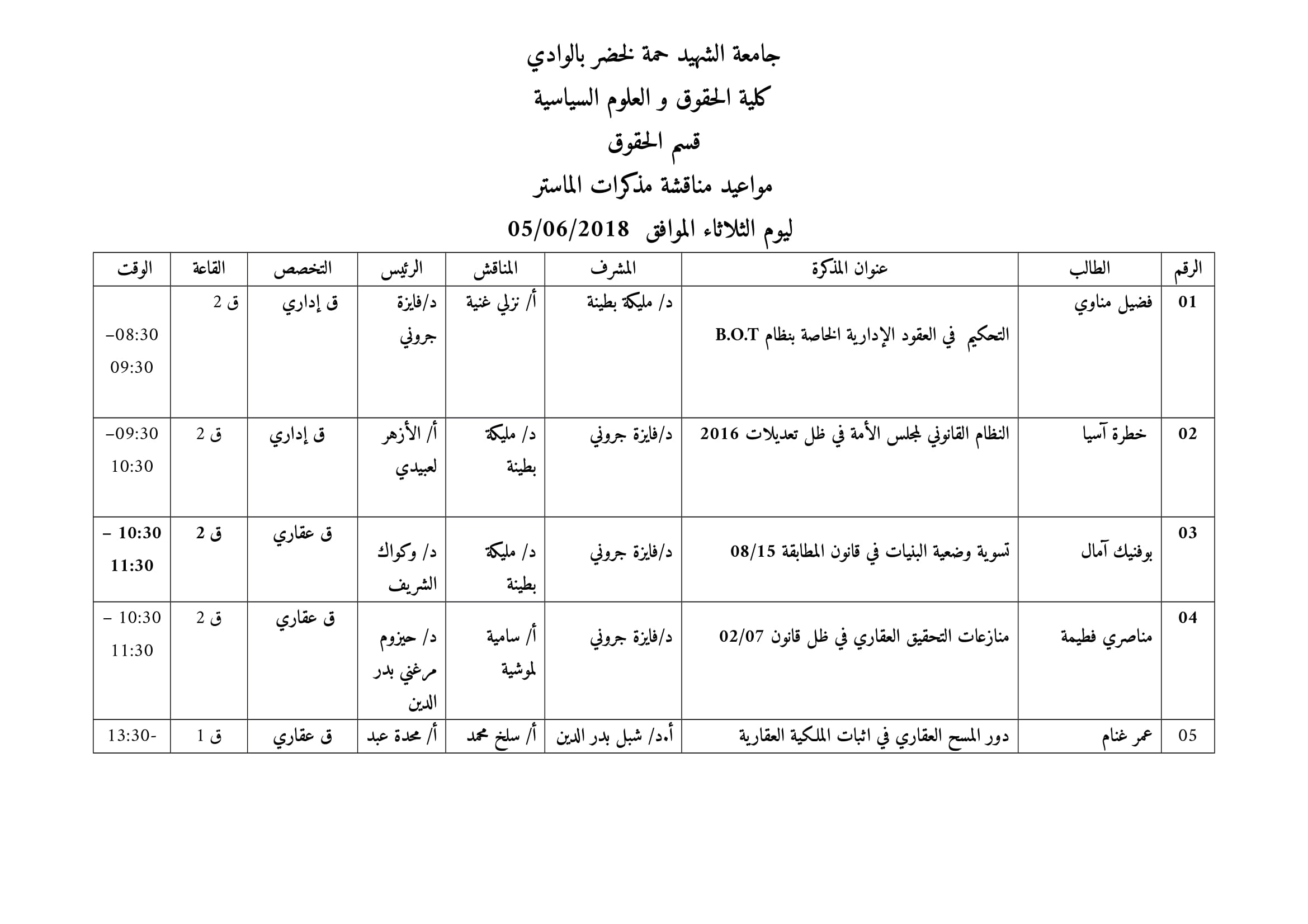 مواعيد مناقشات مذكرات الماستر  الثلاثاء  5-6 2018-1