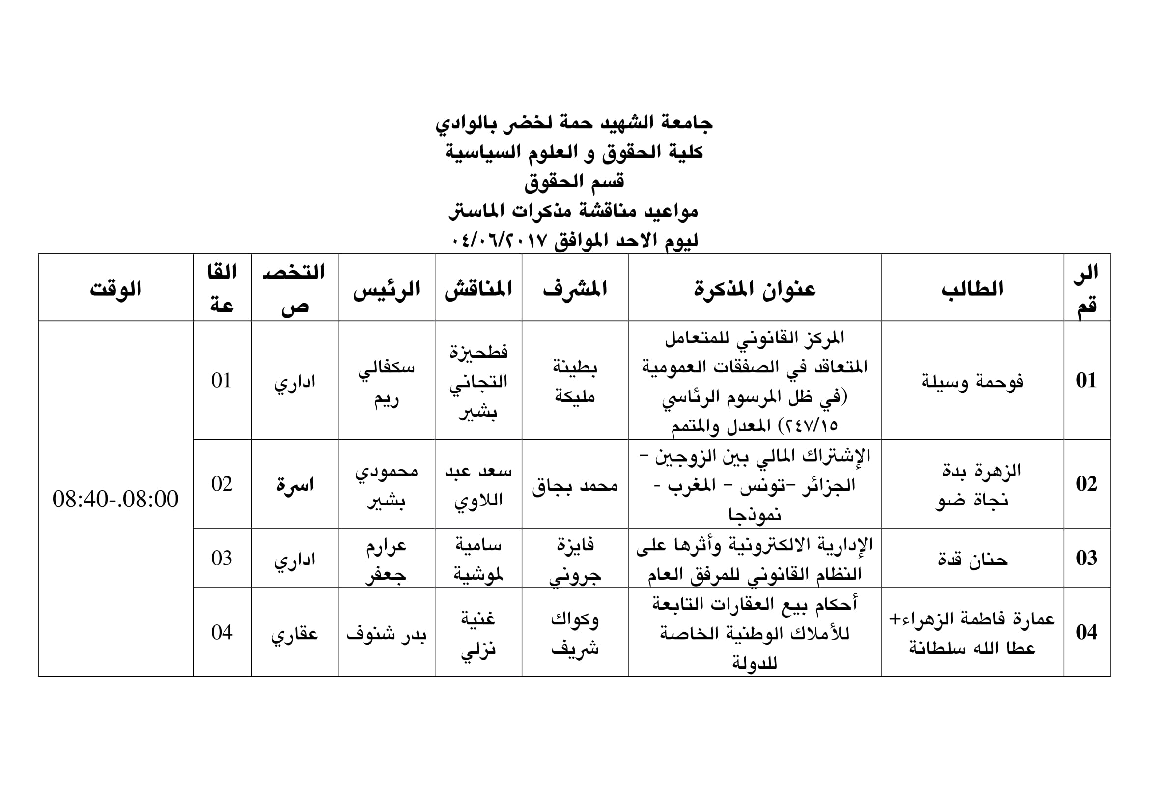 مواعيد مناقشات مذكرات الماستر الاحد-1