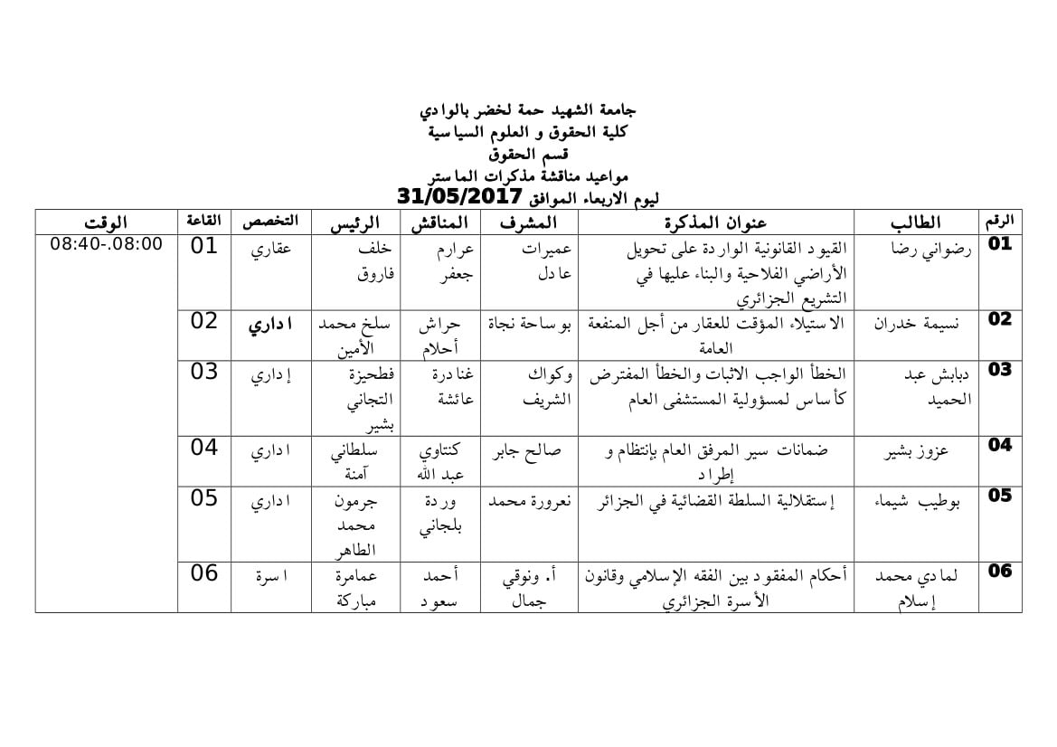 مواعيد مناقشة مذكرات الماستر mercredi